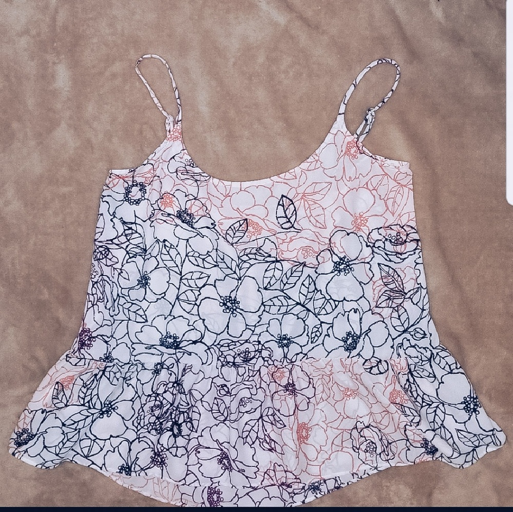 LOFT Floral Print Spaghetti Strap Tank Top in White, Navy & Blush